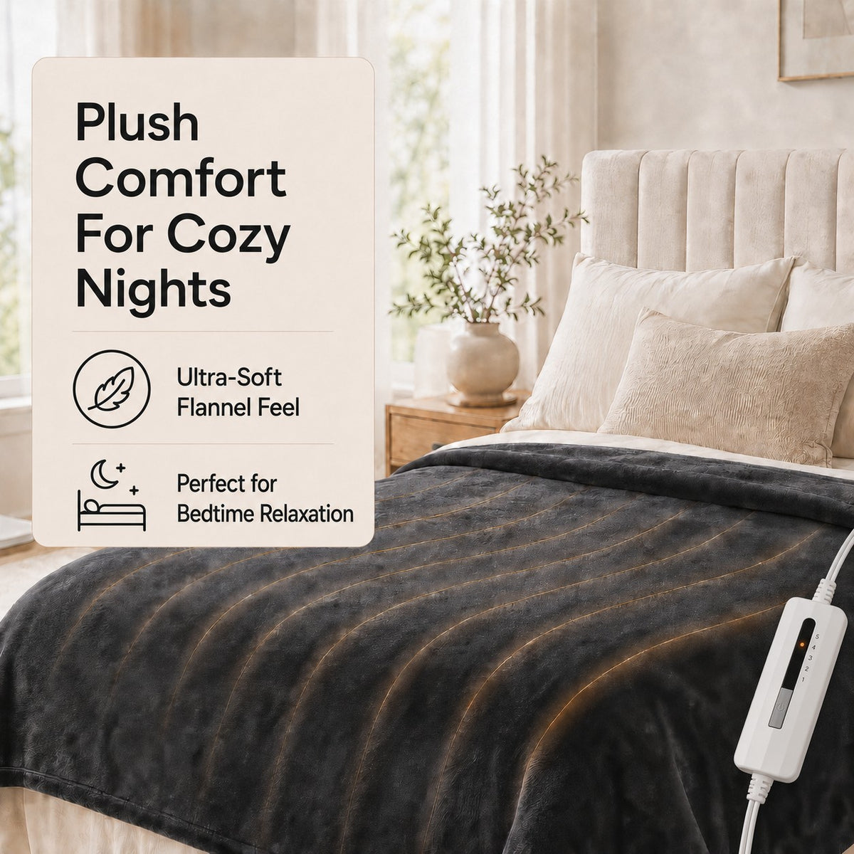 SUNNY HEAT Electric Heated Blanket Throw Flannel 50" x 60" Throw Size-4 Heating Settings & 3 Hours Auto off, Soft Machine Washable-Dark Grey