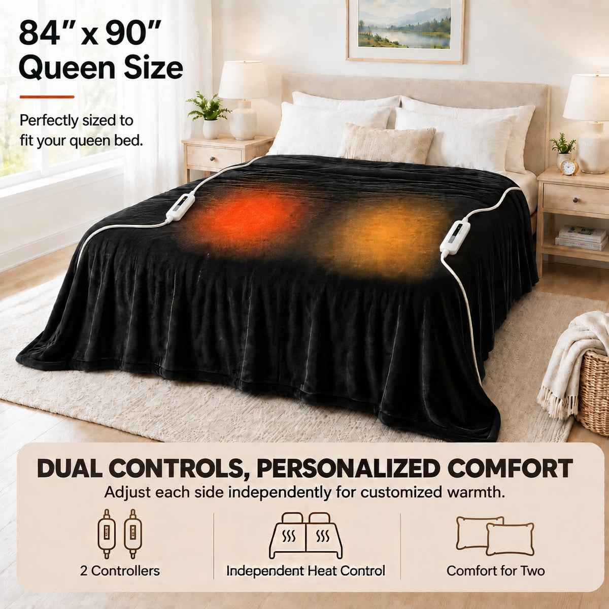 SUNNY HEAT Electric Blanket Heated Queen 84" x 90" -Fast Heating 5 Levels & 10H Auto off, Warm Soft Fannel Machine Washable, for Bed/Couch/Office, Dark Grey
