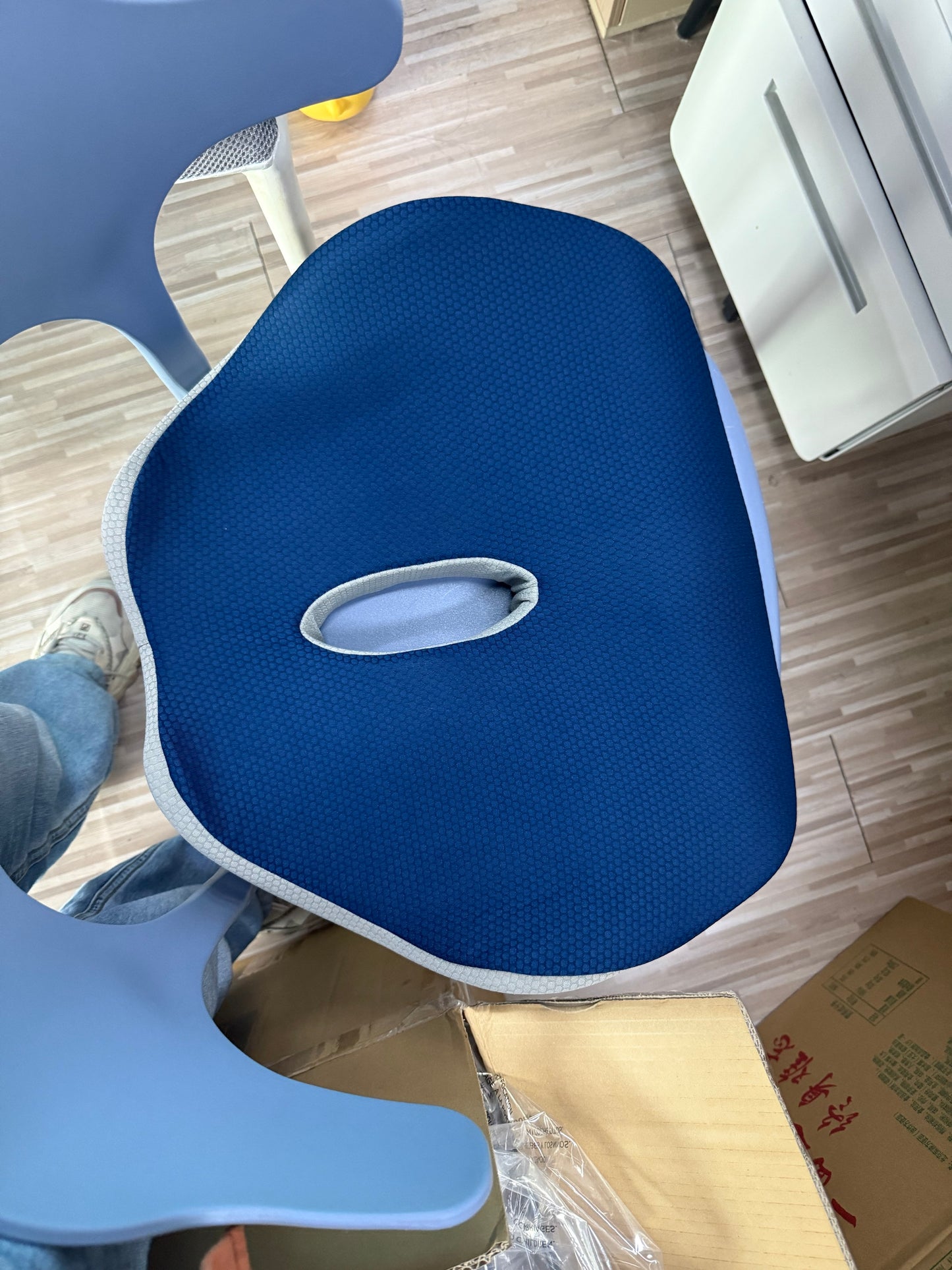 SUNNY HEAT Orthopedic Memory Foam Chair Cushion 17x14x3 - Pressure Relief Pad for Sitting, Coccyx Sciatica Pain Relief, Non-Slip Blue & White Cushion for Office Car Wheelchair