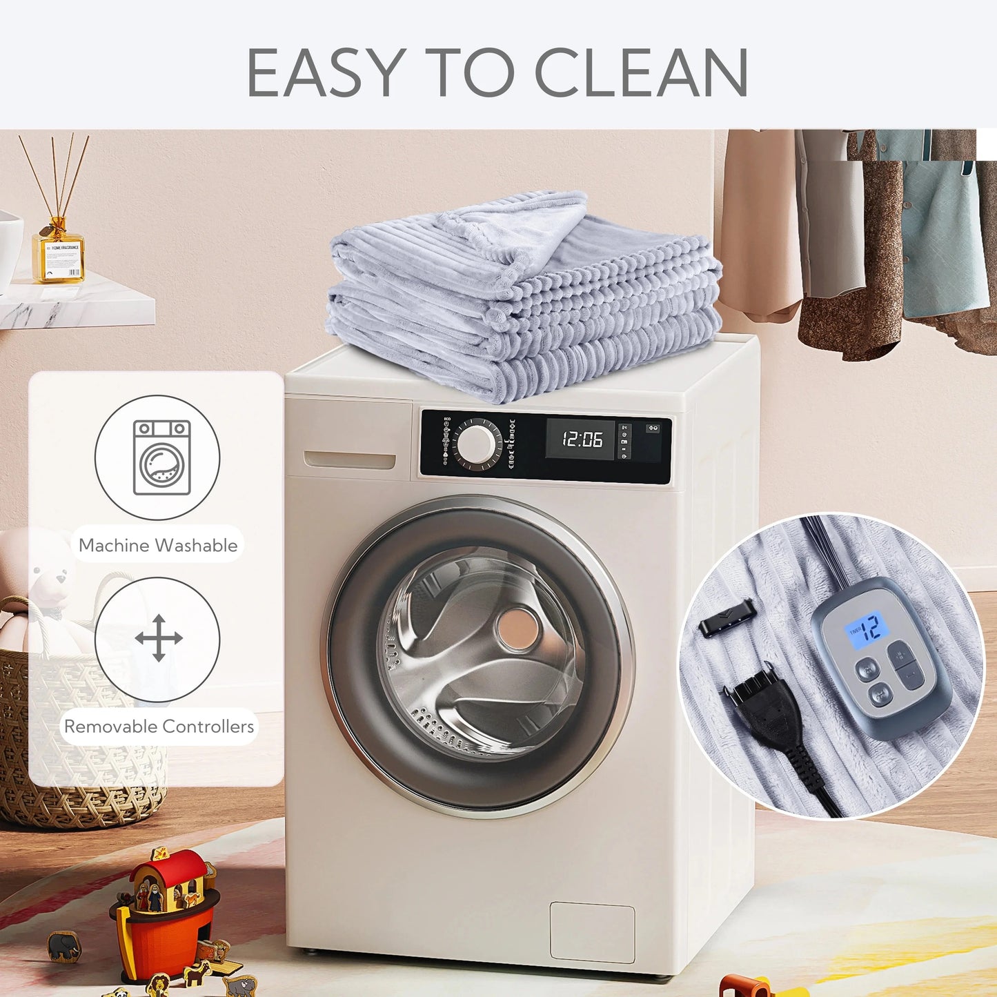 SUNNY HEAT Heated Electric Blanket Ribbed Flannel 84"x90" Queen Size - 10 Heating Settings & 2/4/6/8/10/12 Hours Auto off, Quick Heating Washable - Light Grey