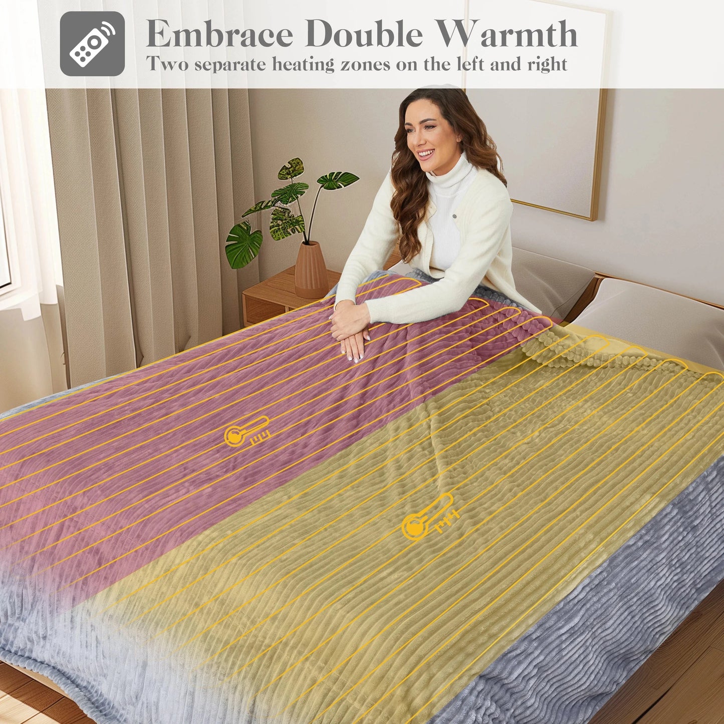 SUNNY HEAT Heated Electric Blanket Ribbed Flannel 84"x90" Queen Size - 10 Heating Settings & 2/4/6/8/10/12 Hours Auto off, Quick Heating Washable - Light Grey