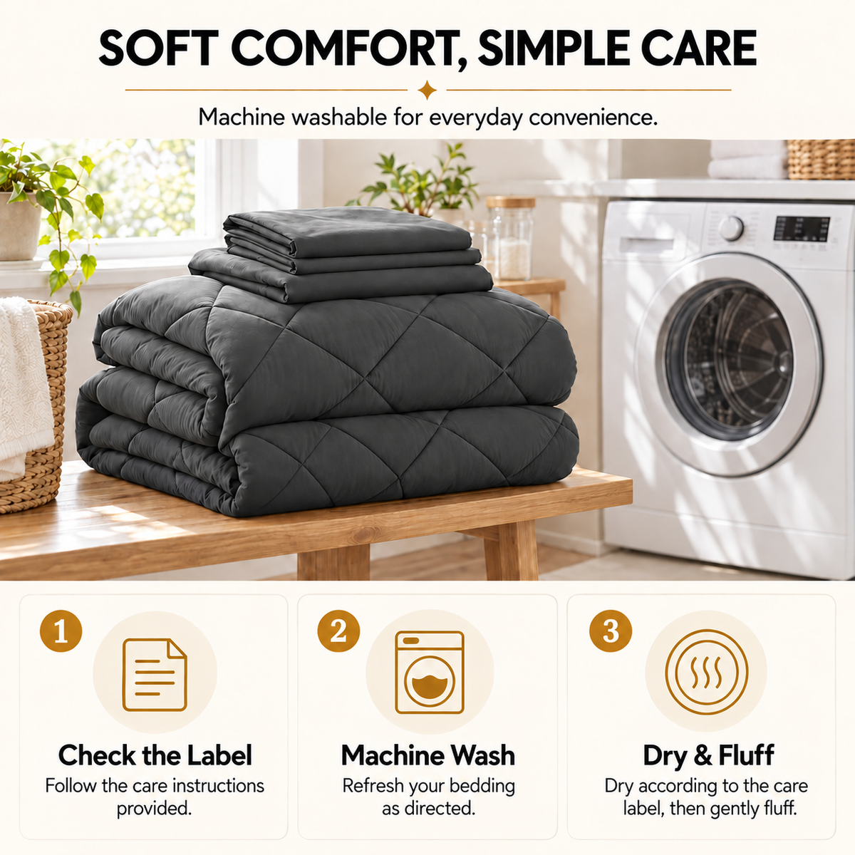 SUNNY HEAT Full Comforter Set 7 Piece Bed in a Bag, Soft All Season Bedding Set with Comforter, Flat Sheet, Fitted Sheet, Pillowcases and Shams, Machine Washable, Dark Grey