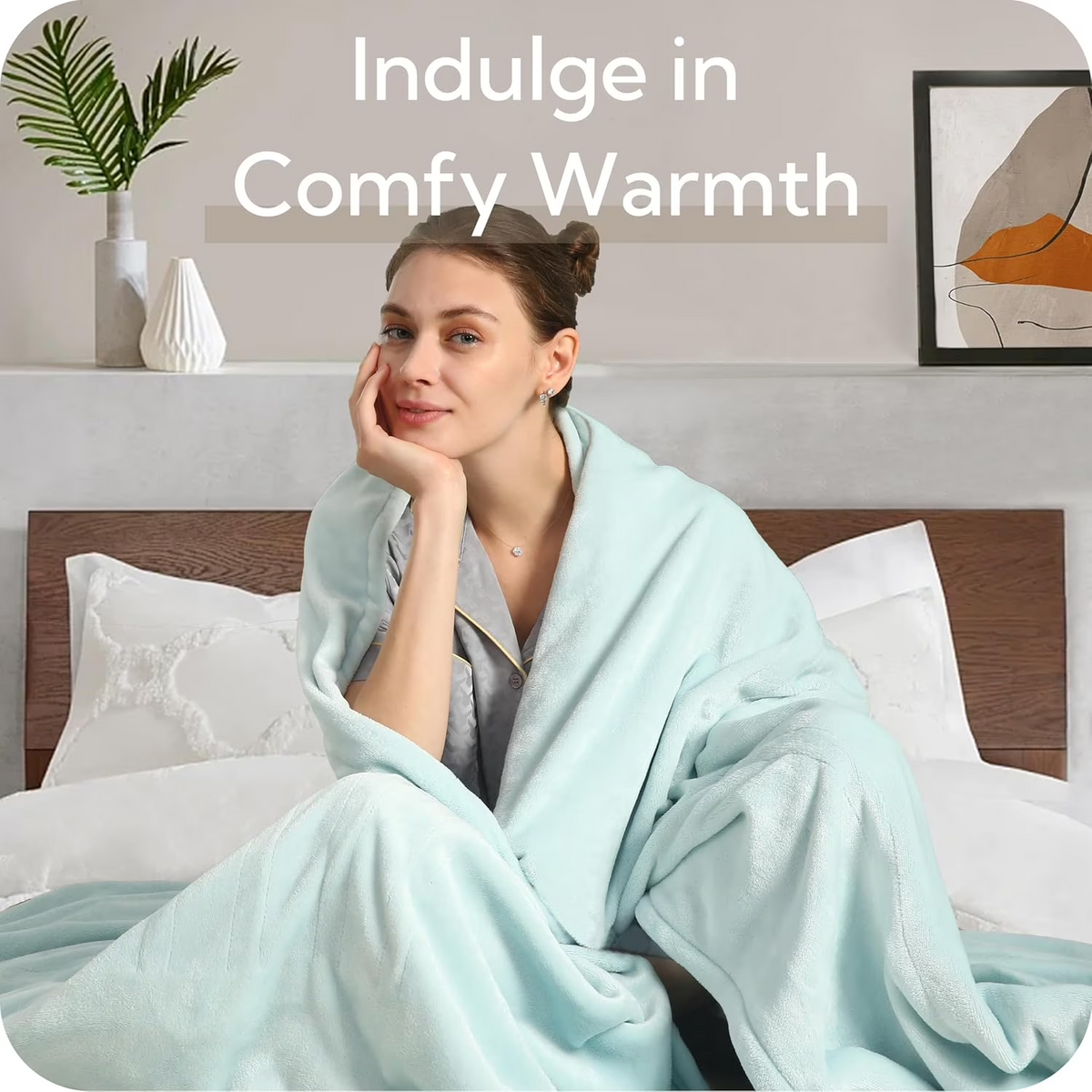 SUNNY HEAT Electric Heated Blanket Queen Size 84" x 90" Soft Flannel with 4 Levels Heating & 10Hs Auto off, Dual Controllers, Machine Washable, Spa Green