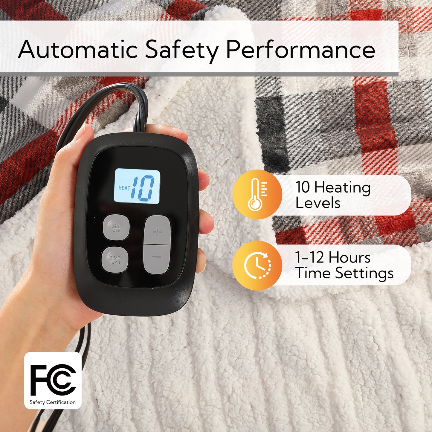 SUNNY HEAT Electric Heated Blanket 72"x84" Full Size, 10 Heating Levels & 12 H Auto Shut Off, Cotton & Microplush Plaid, Gray & Red & White