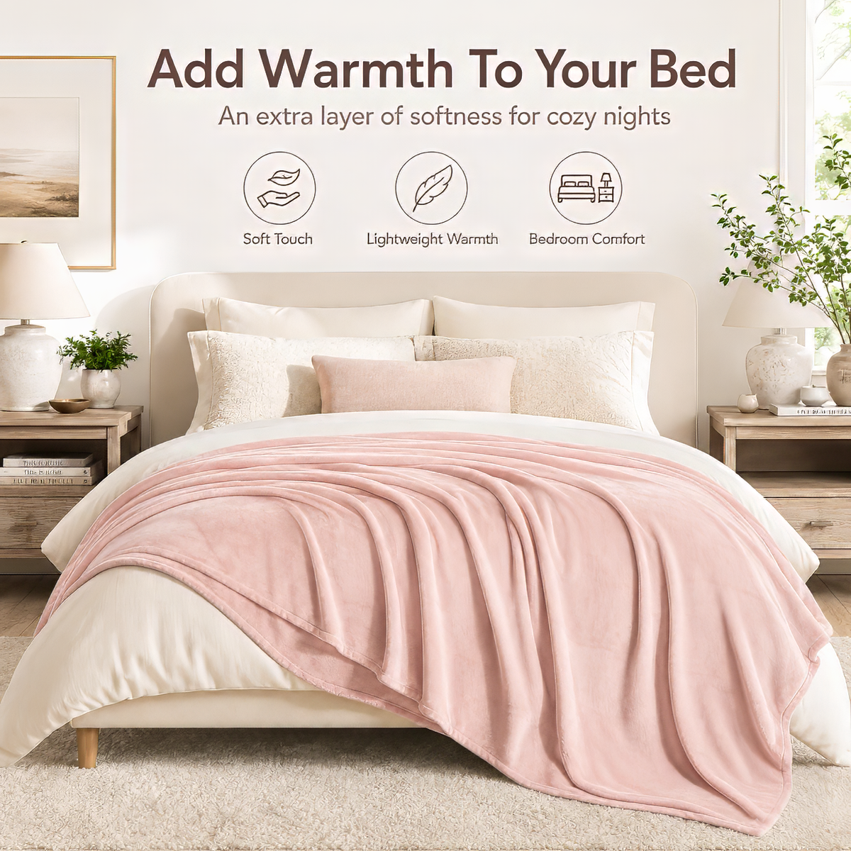 SUNNY HEAT Soft Flannel Blanket Summer Lightweight & Comfortable Bed Blanket Twin Size, Light Pink
