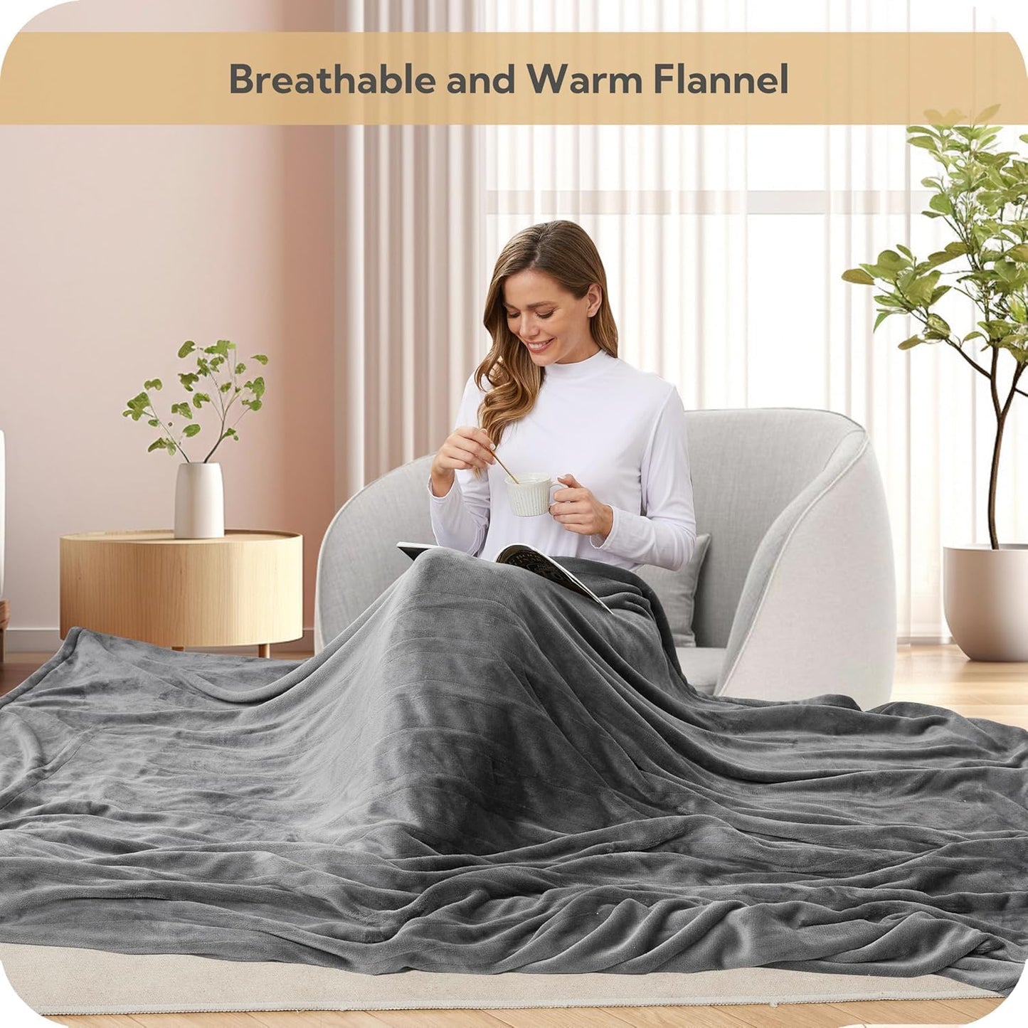 SUNNY HEAT Electric Heated Blanket Flannel 72" x 84" Full Size-4 Heating Settings &amp; 10 Hours Auto Off, Warm Machine Washable- Light Gray