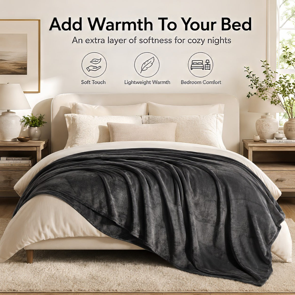 SUNNY HEAT Soft Flannel Blanket Super Warm & Comfortable Bed Blanket Queen Size, Dark Grey