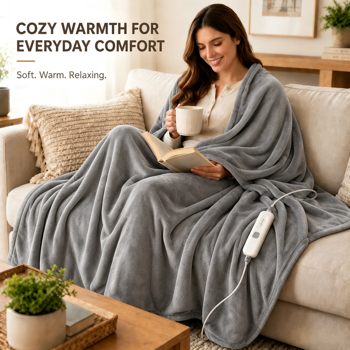 SUNNY HEAT Electric Heated Blanket Full Size 72" x 84" Soft Flannel with 4 Levels Heating & 10Hs Auto off, Machine Washable, Light Gray