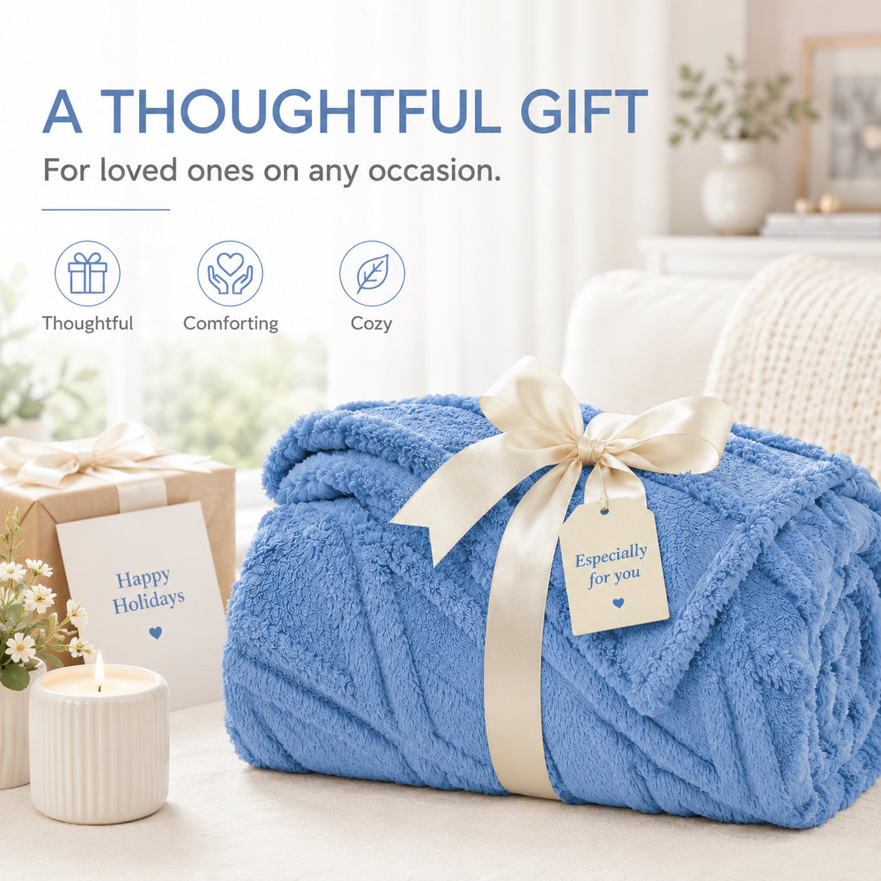 SUNNY HEAT Sherpa Blanket Twin Size 60"x80" All-Season Ultra Soft Bed Blanket Couch, Bed, Sofa, Travel Use, Blue