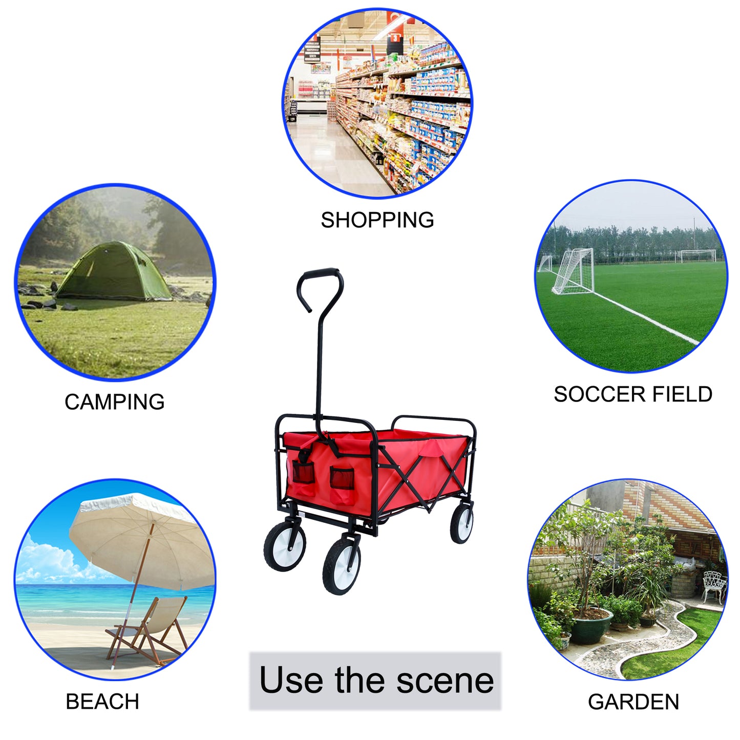 Folding Wagon Garden Shopping Beach Cart (Red)