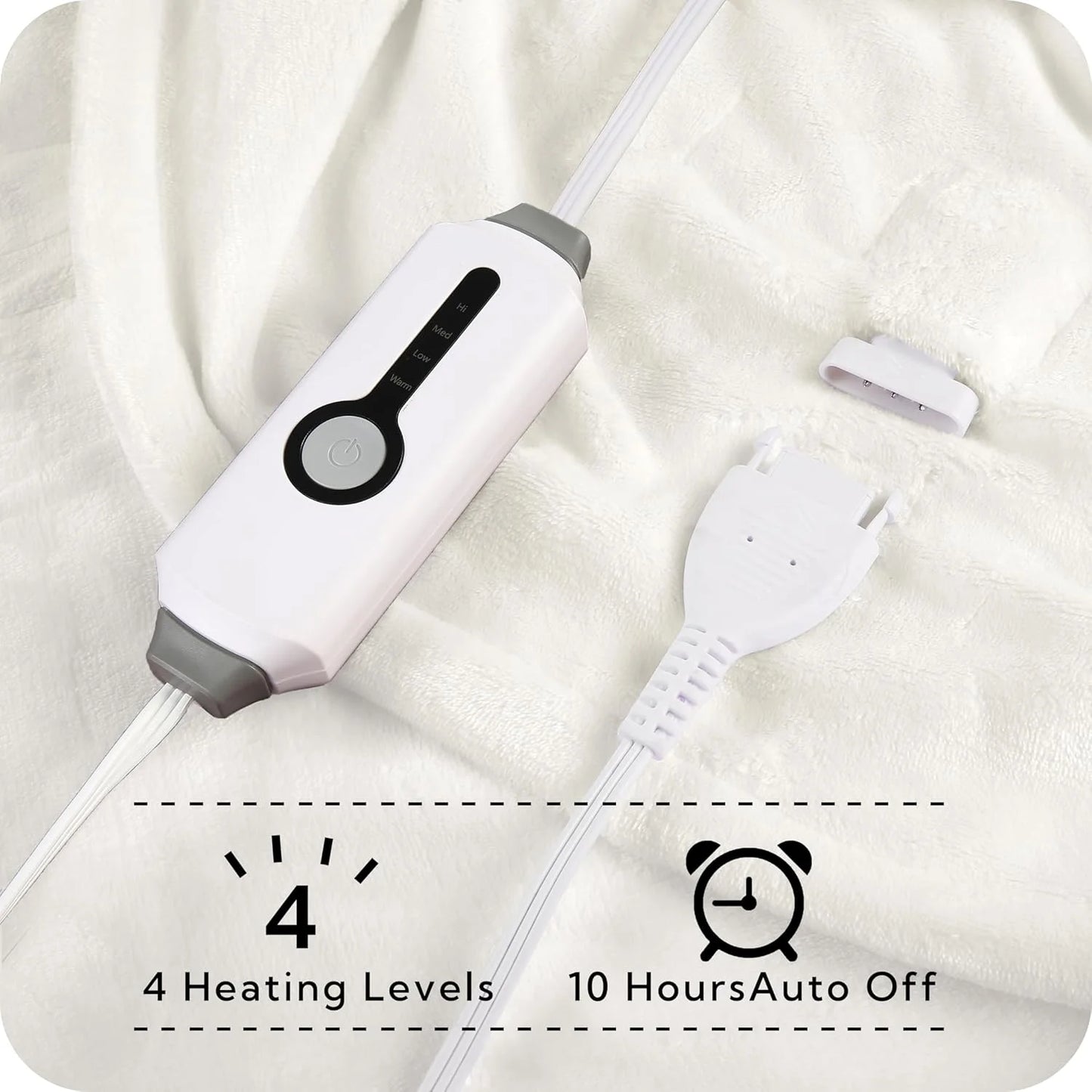 SUNNY HEAT Electric Heated Blanket Flannel Queen Size 84" x 90", 4 Heating Settings & 10 Hours Auto Off, Cozy Dual Control, White