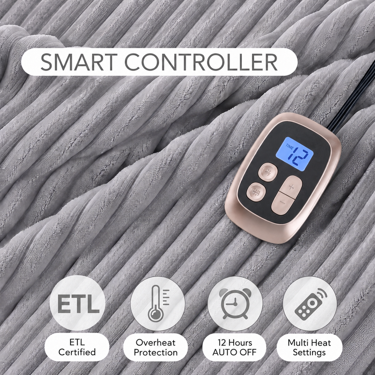 SUNNY HEAT Heated Electric Blanket Soft Flannel Full Size 72" x 84", Fast Heat, 10 Heating Settings & 12 Hours Auto Shut-off, Grey