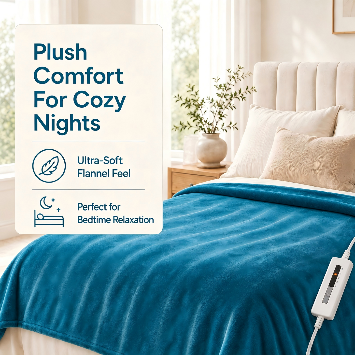 SUNNY HEAT Electric Blanket Heated Twin 62" x 84" -Fast Heating 5 Levels & 10H Auto off, Warm Soft Fannel Machine Washable, for Bed/Couch/Office, Blue Green