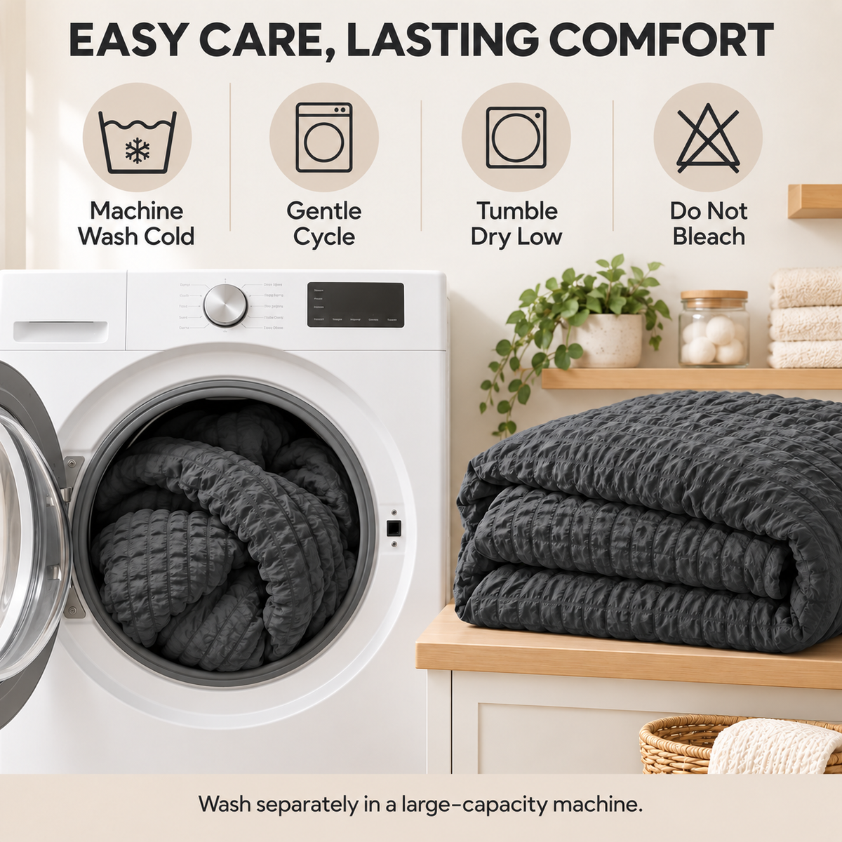 SUNNY HEAT Queen Size 8 Piece Seersucker Comforter Set, Soft Lightweight Bed in a Bag, Breathable All Season Bedding with Sheets, Pillowcases & Shams, Dark Grey