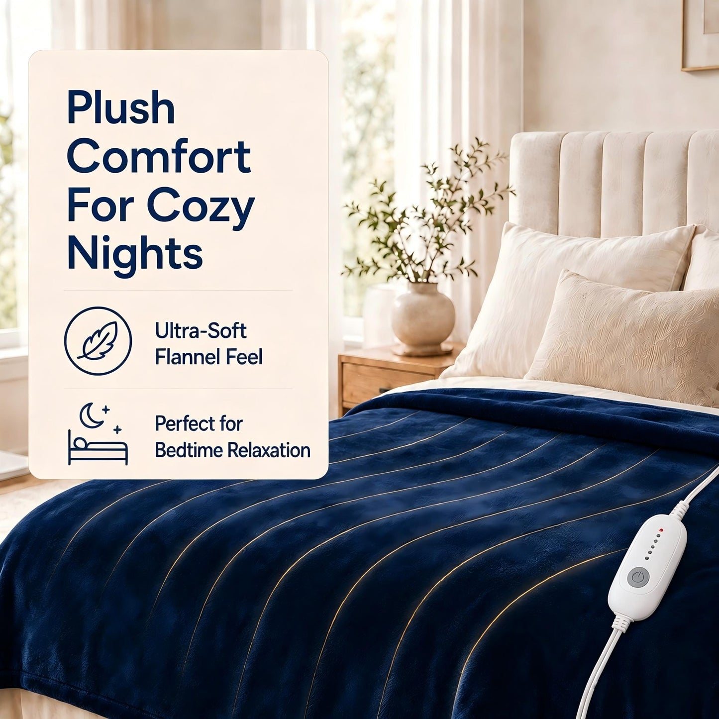 SUNNY HEAT Electric Blanket Heated Full 72" x 84" -Fast Heating 4 Levels & 10H Auto off, Warm Soft Fannel Machine Washable, for Bed/Couch/Office, Dark Blue