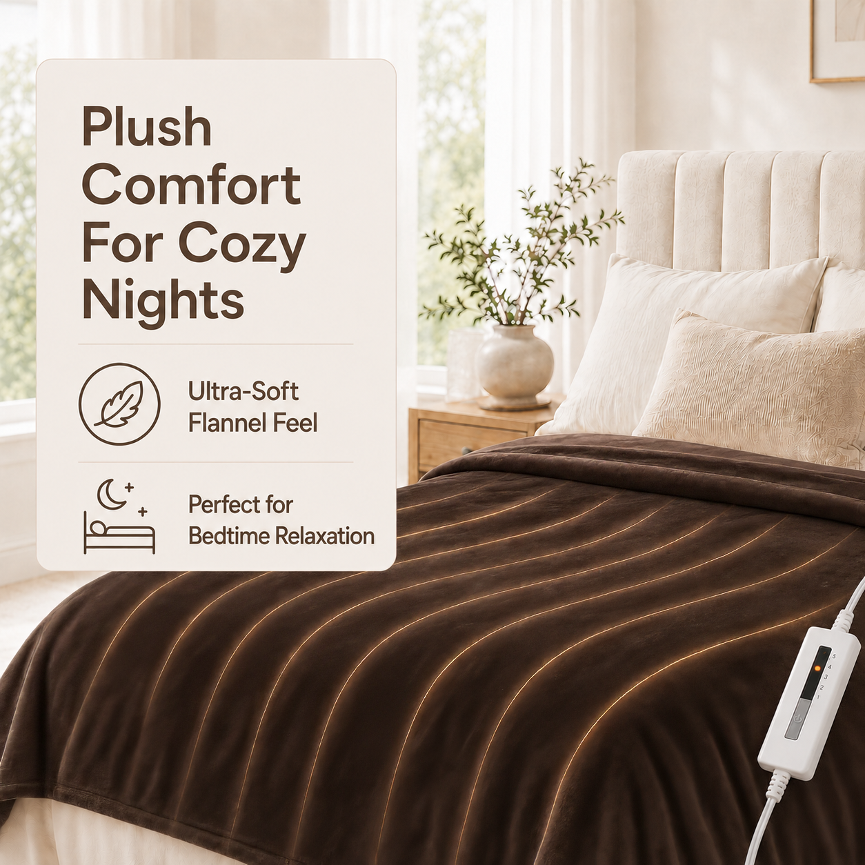 SUNNY HEAT Electric Blanket Heated Twin 62" x 84" -Fast Heating 5 Levels & 10H Auto off, Warm Soft Fannel Machine Washable, for Bed/Couch/Office, Cola Brown