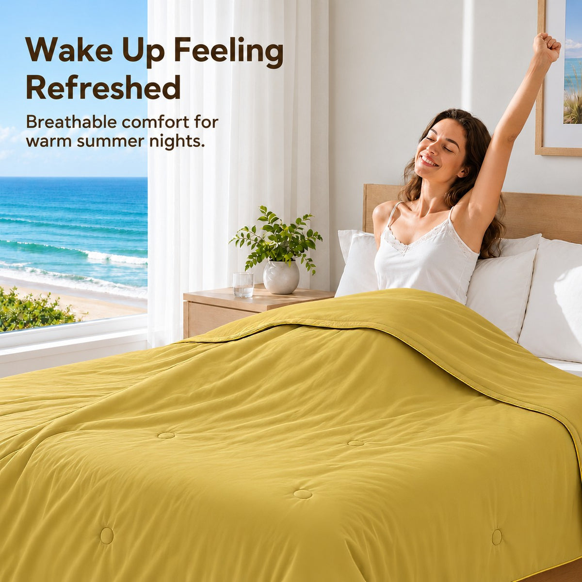 SUNNY HEAT Twin Cooling Comforter for Hot Sleepers, Double-Sided Cooling Blanket for Summer, Breathable Lightweight Bedding, Mustard Yellow, 60"x80"