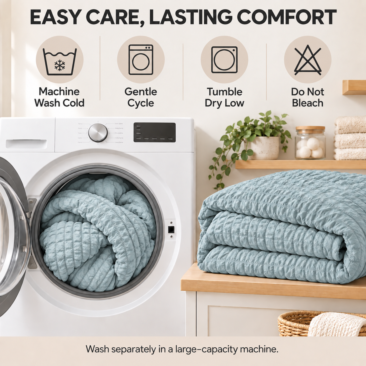 SUNNY HEAT Queen Size 8 Piece Seersucker Comforter Set, Soft Lightweight Bed in a Bag, Breathable All Season Bedding with Sheets, Pillowcases & Shams,Light Blue