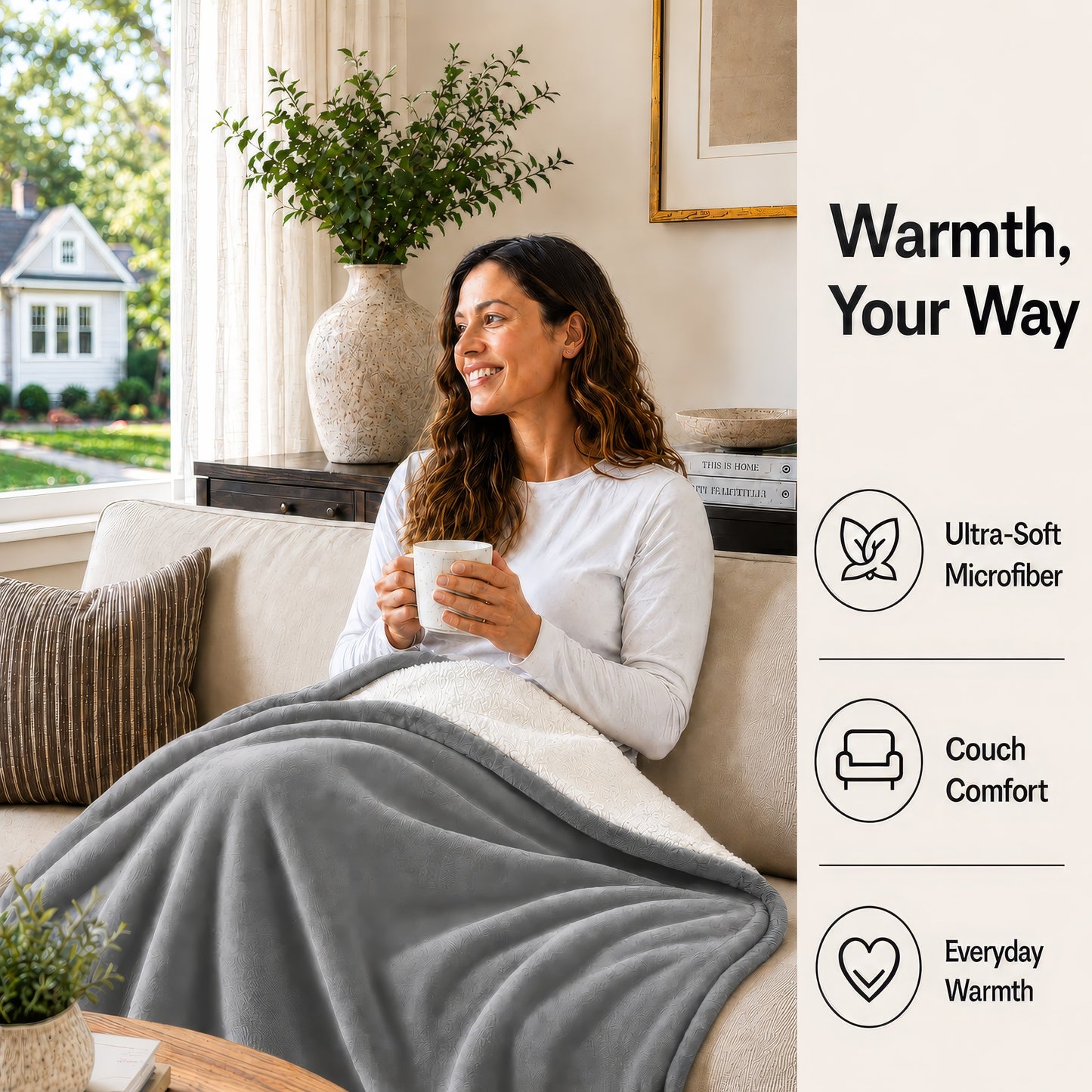 SUNNY HEAT Flannel Heated Blanket King 90"×100", 10 Heat Settings, 1-12 Hour Auto Off, Washable, Light Gray