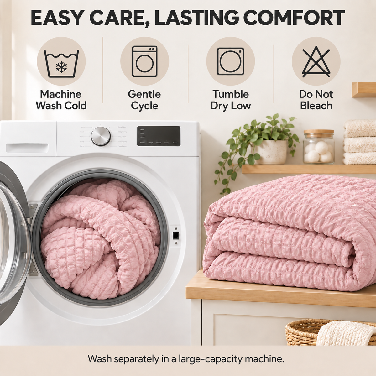 SUNNY HEAT Queen Size 8 Piece Seersucker Comforter Set, Soft Lightweight Bed in a Bag, Breathable All Season Bedding with Sheets, Pillowcases & Shams, Pink