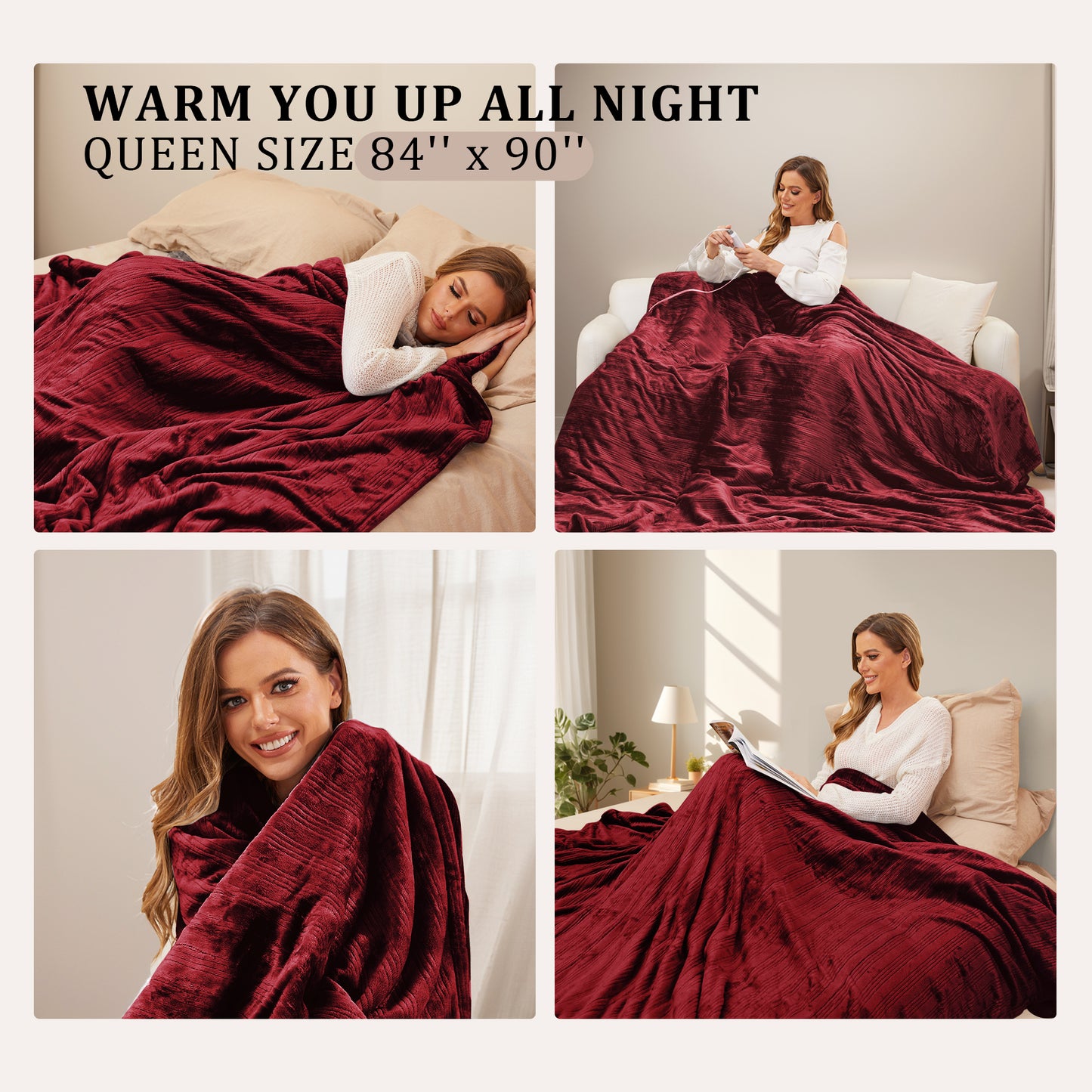 Electric Heated Blanket 84'' x 90'' Queen Size Flannel Machine Washable, Warm and Cozy all Night, Dual Control-Dark Red