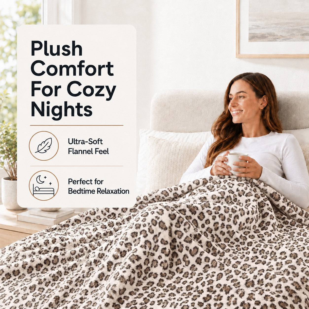 SUNNY HEAT Electric Blanket Heated Throw 50" x 60" -Fast Heating 9 Levels & 10H Auto off, Warm Soft Fannel Machine Washable, for Bed/Couch/Office, Beige Leopard Print