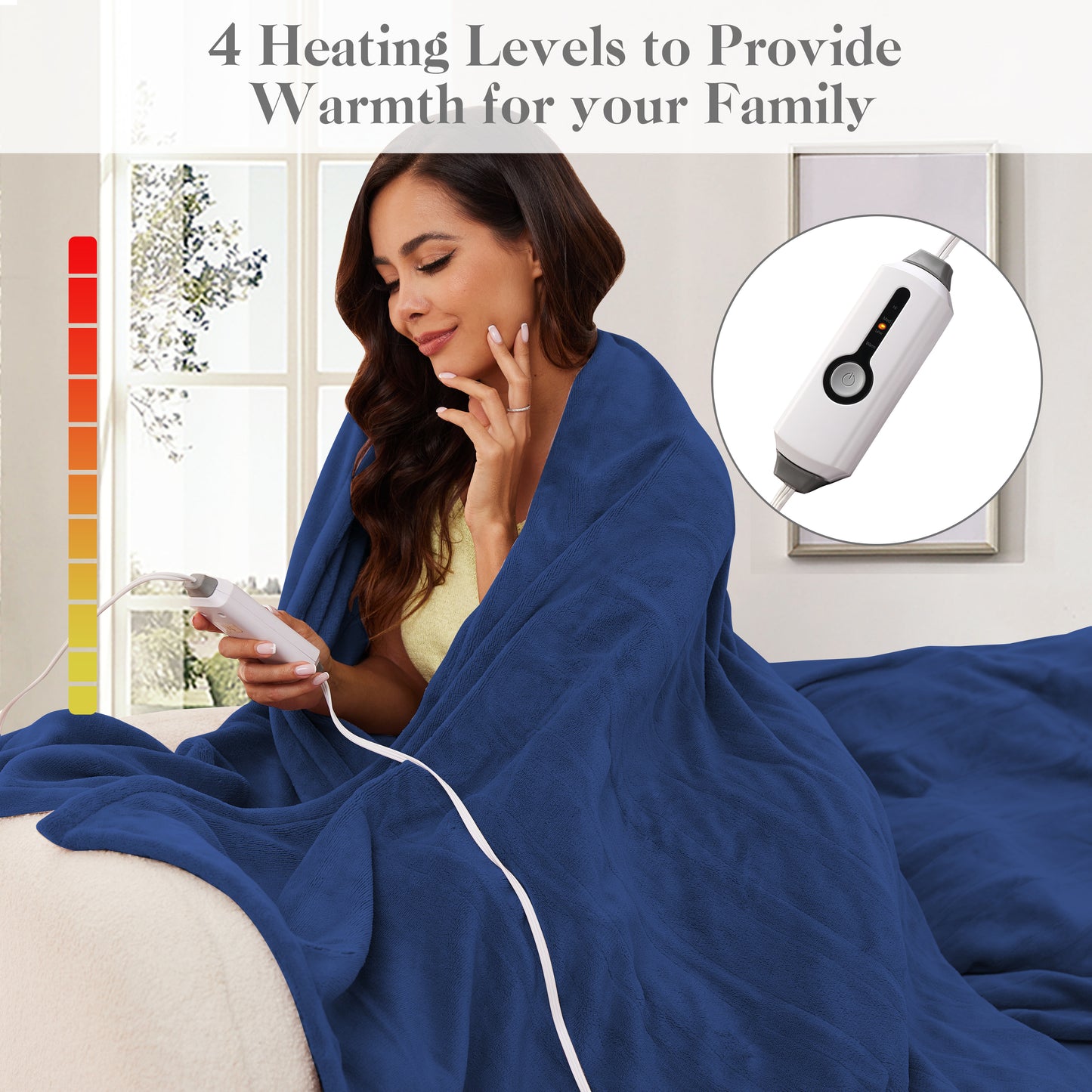 Electric Heated Blanket Coral Fleece 72" x 84" Full Size-4 Heating Settings & 10 Hours Auto Off, Breathable Machine Washable-Dark Blue