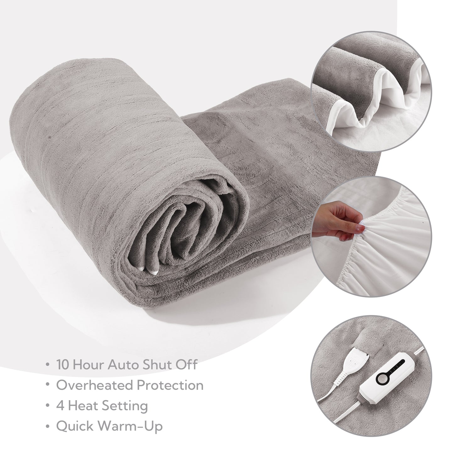 SUNNY HEAT Electric Mattress Pad Twin Size with 4 Temperature 10H Auto-off, Coral Fleece, Light Grey