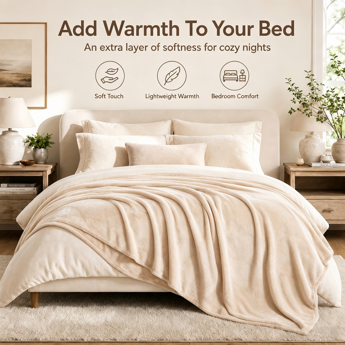 SUNNY HEAT Soft Flannel Blanket Super Warm & Comfortable Bed Blanket Queen Size, White
