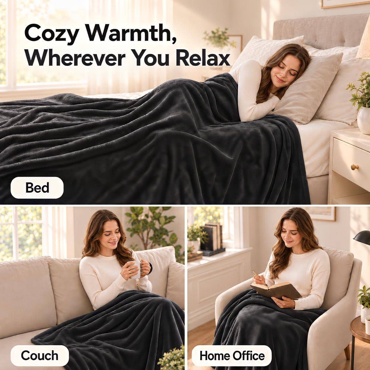 SUNNY HEAT Electric Heated Blanket Flannel 72" x 84" Full Size-4 Heating Settings & 10 Hours Auto off, Warm Machine Washable- Dark Grey