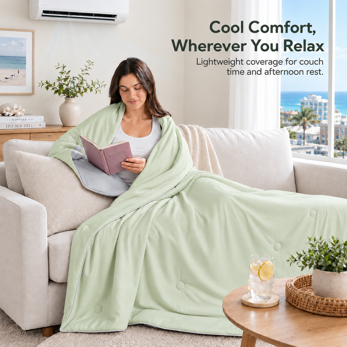 SUNNY HEAT Cooling Summer Comforter Throw Size 51"x67", Cooling Blanket for Hot Sleepers, Lightweight Breathable Double-Sided Quilt, Gray & Icegreen