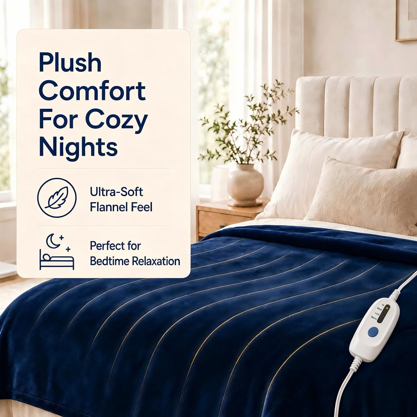 SUNNY HEAT Electric Blanket Heated Twin 62" x 84" -Fast Heating 4 Levels & 10H Auto off, Warm Soft Fannel Machine Washable, for Bed/Couch/Office, Dark Blue