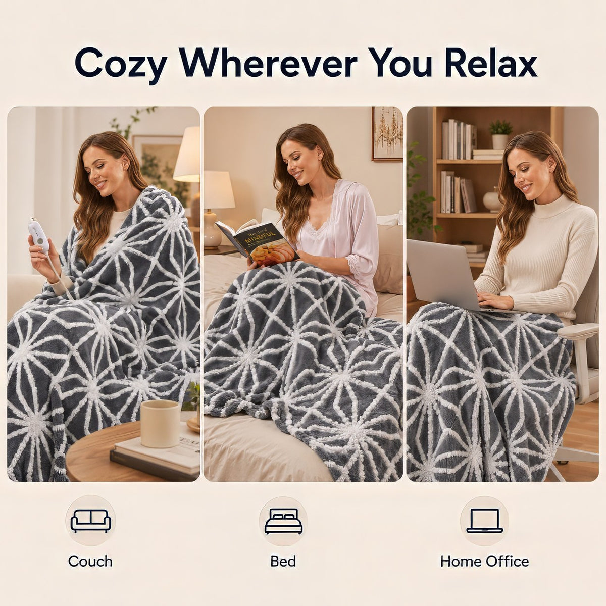 SUNNY HEAT Electric Heated Blanket 5 Heating Levels & 3 H Auto Shut Off, Warm Sherpa & Breathable, 50x60 Inch, Gray
