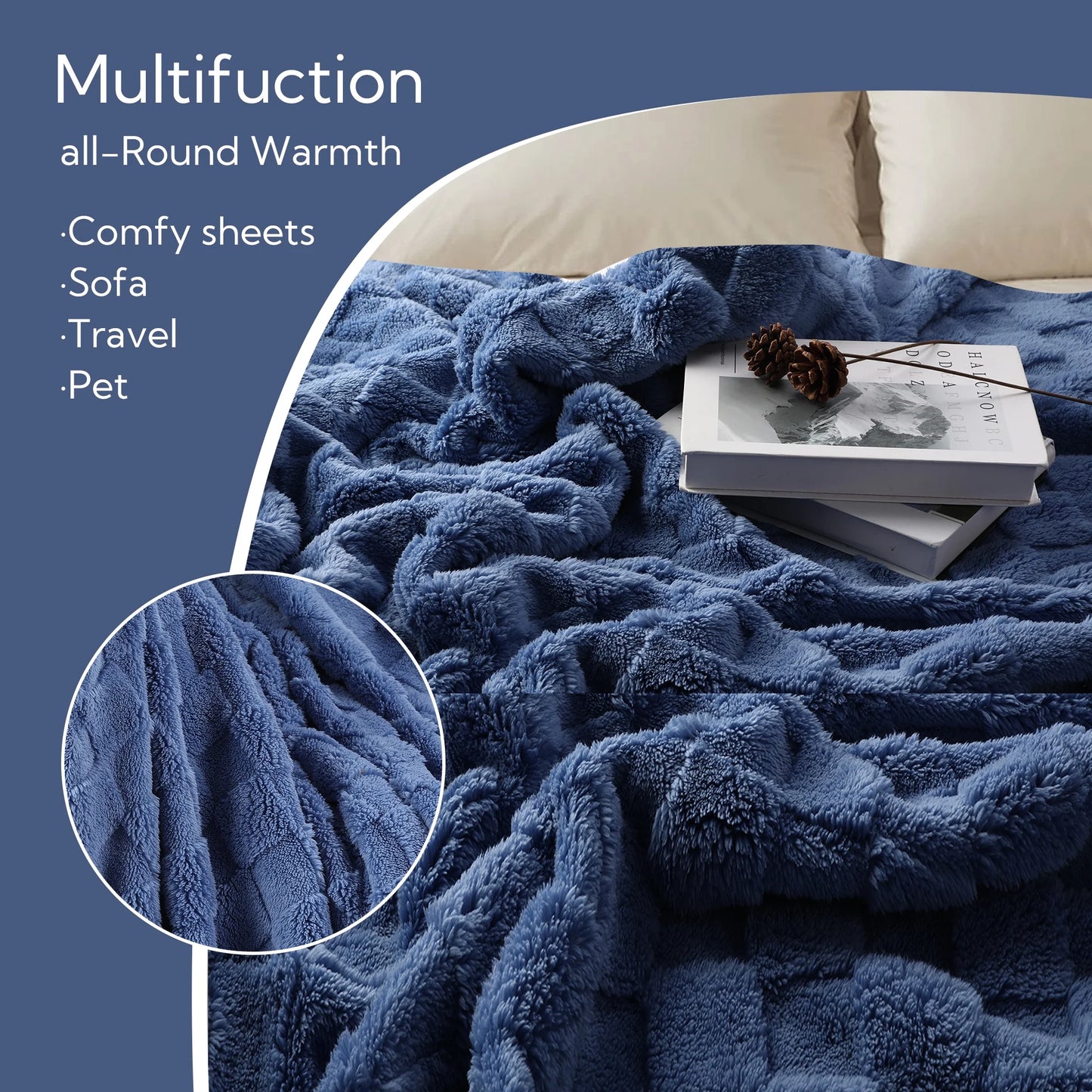 SUNNY HEAT Sherpa Blanket Queen Size 60''x80'' All-Season Lightweight Ultra Soft Bed Blanket Couch, Bed, Sofa, Travel Use, Gift, Denim Blue
