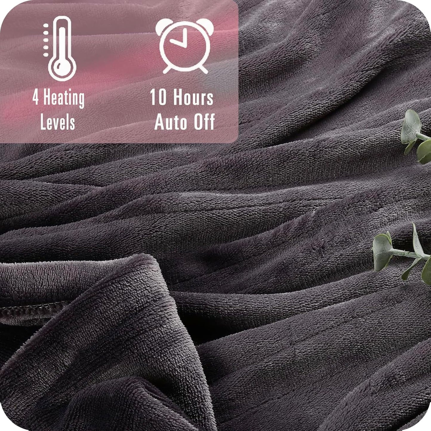 SUNNY HEAT Electric Heated Blanket Flannel King Size 90" x 100" Dual Control, 4 Heating Settings & 10 Hours Auto Off, Dark Grey