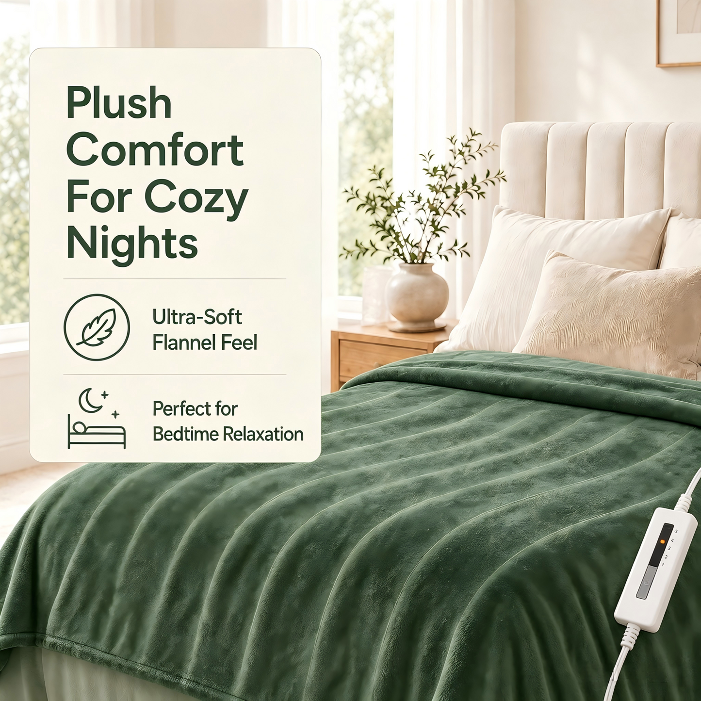 SUNNY HEAT Electric Blanket Heated Twin 62" x 84" -Fast Heating 5 Levels & 10H Auto off, Warm Soft Fannel Machine Washable, for Bed/Couch/Office, Pine Green