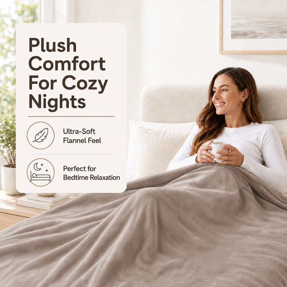 SUNNY HEAT Electric Blanket Heated Throw 50" x 60" -Fast Heating 9 Levels & 10H Auto off, Warm Soft Fannel Machine Washable, for Bed/Couch/Office, Milk Tea Brown
