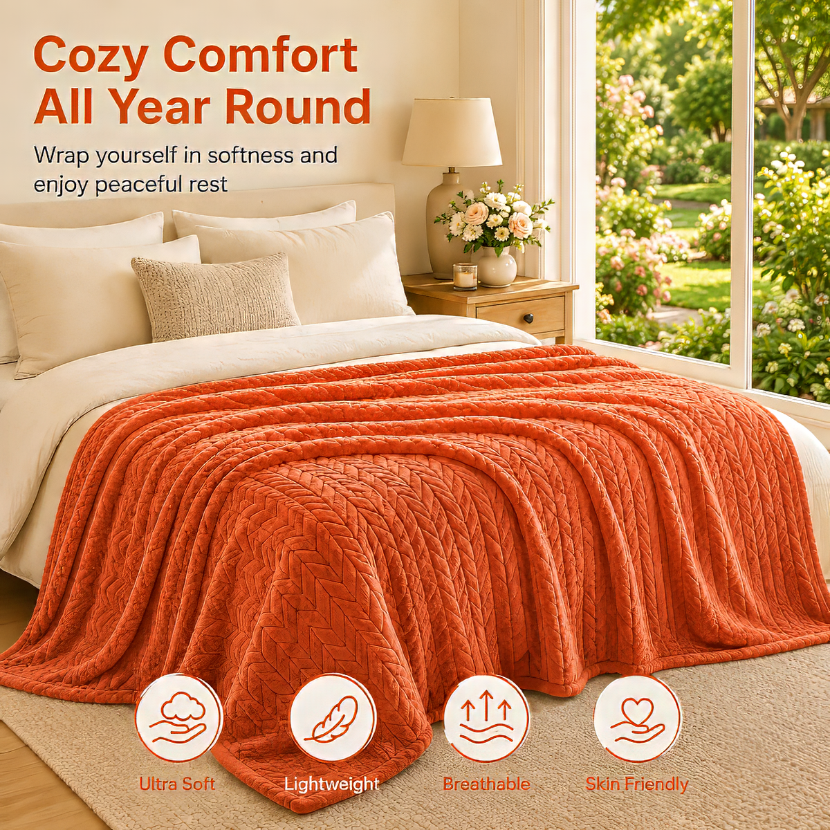 SUNNY HEAT Bed Blanket 80×90 Inches, Breathable and Cozy Microplush for Bed Sofa Couch, Suitable for All Seasons, Orange