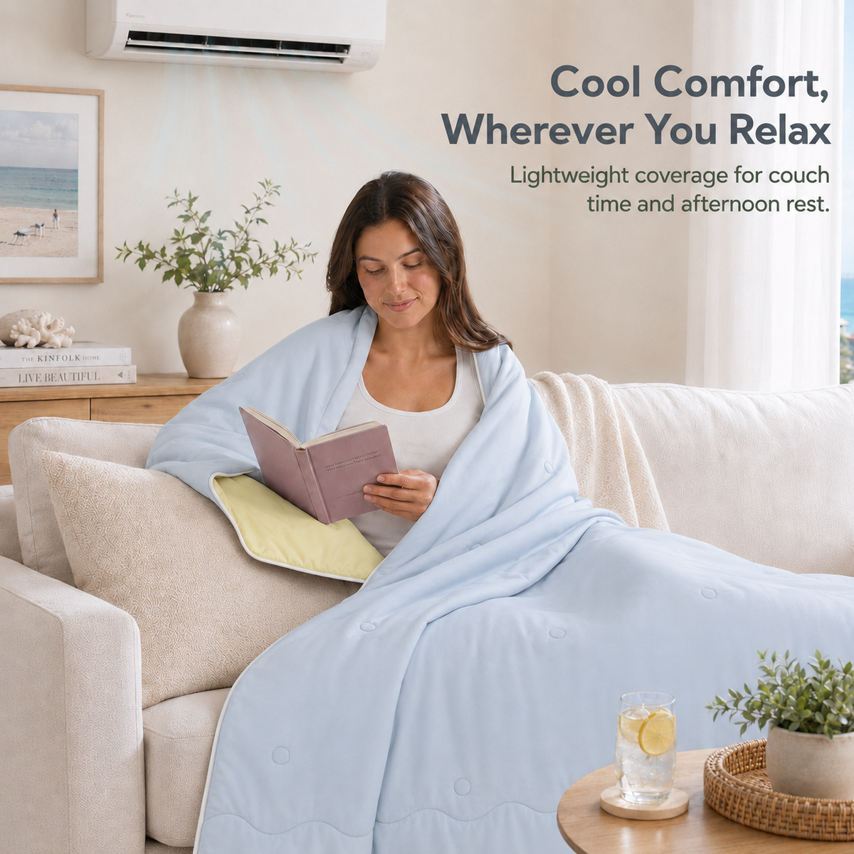 SUNNY HEAT Cooling Summer Comforter Throw Size 51"x67", Cooling Blanket for Hot Sleepers, Lightweight Breathable Double-Sided Quilt, Yellow & Iceblue