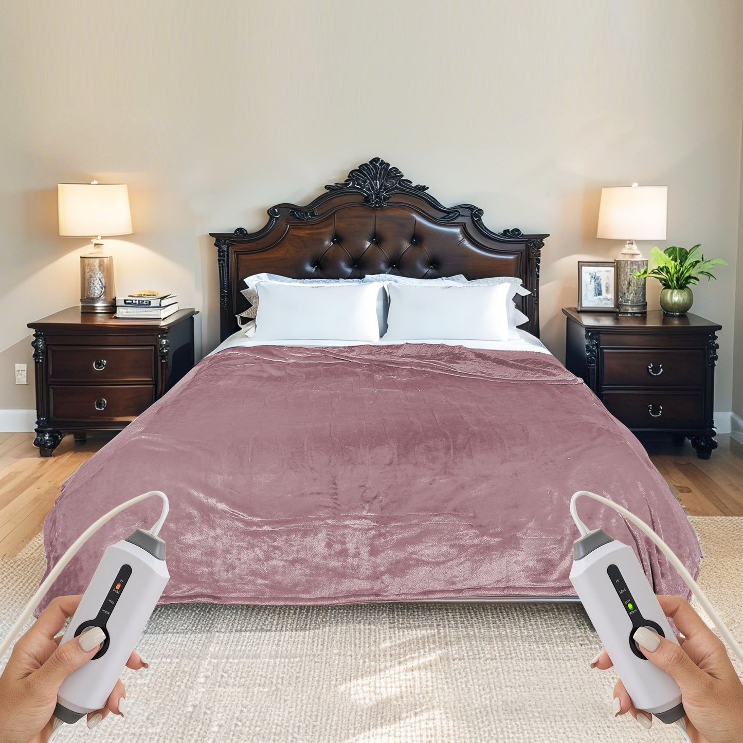 SUNNY HEAT Electric Heated Blanket Flannel Queen Size 84" x 90", 4 Heating Settings & 10 Hours Auto Off, Cozy Dual Control, Purple