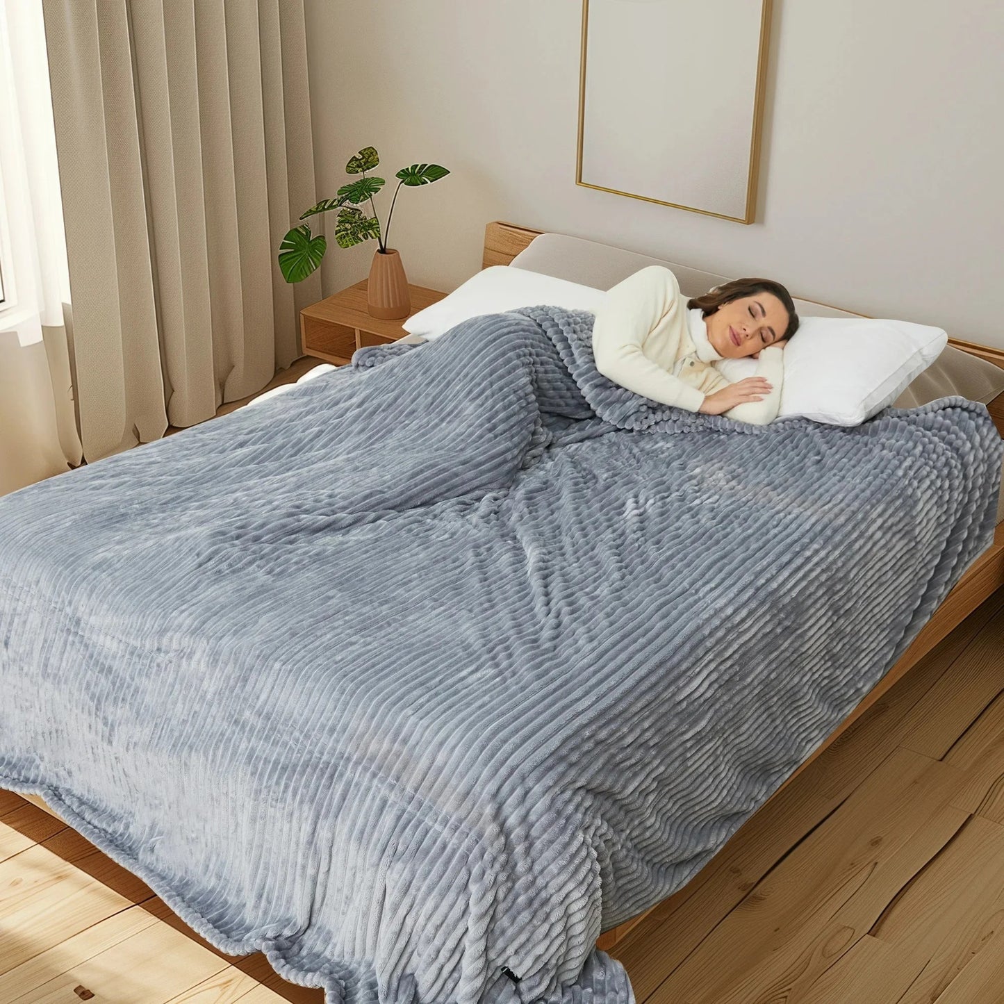 SUNNY HEAT Heated Electric Blanket Soft Flannel Twin Size 62" x 84", Fast Heat, 10 Heating Settings & 12 Hours Auto Shut-off, Grey