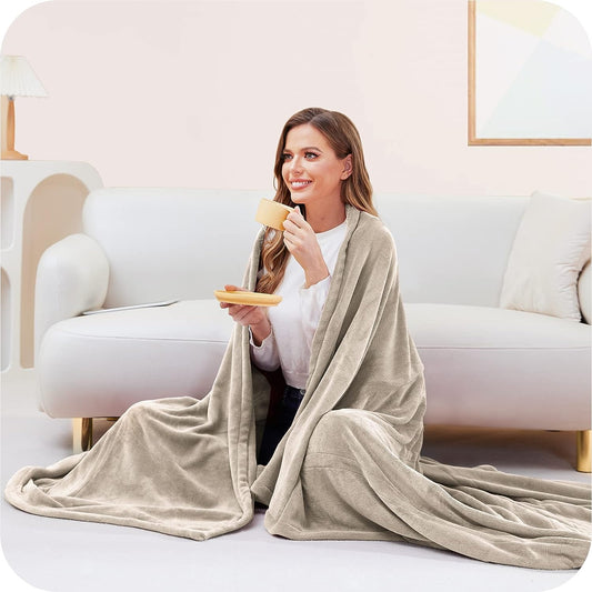 Heated Blanket 62x84'' Twin Size with 4 Heating Levels 10 Hours Auto-Off Electric Throw in Cozy Plush Fabric Reversible for Home Bedding Couch-Beige