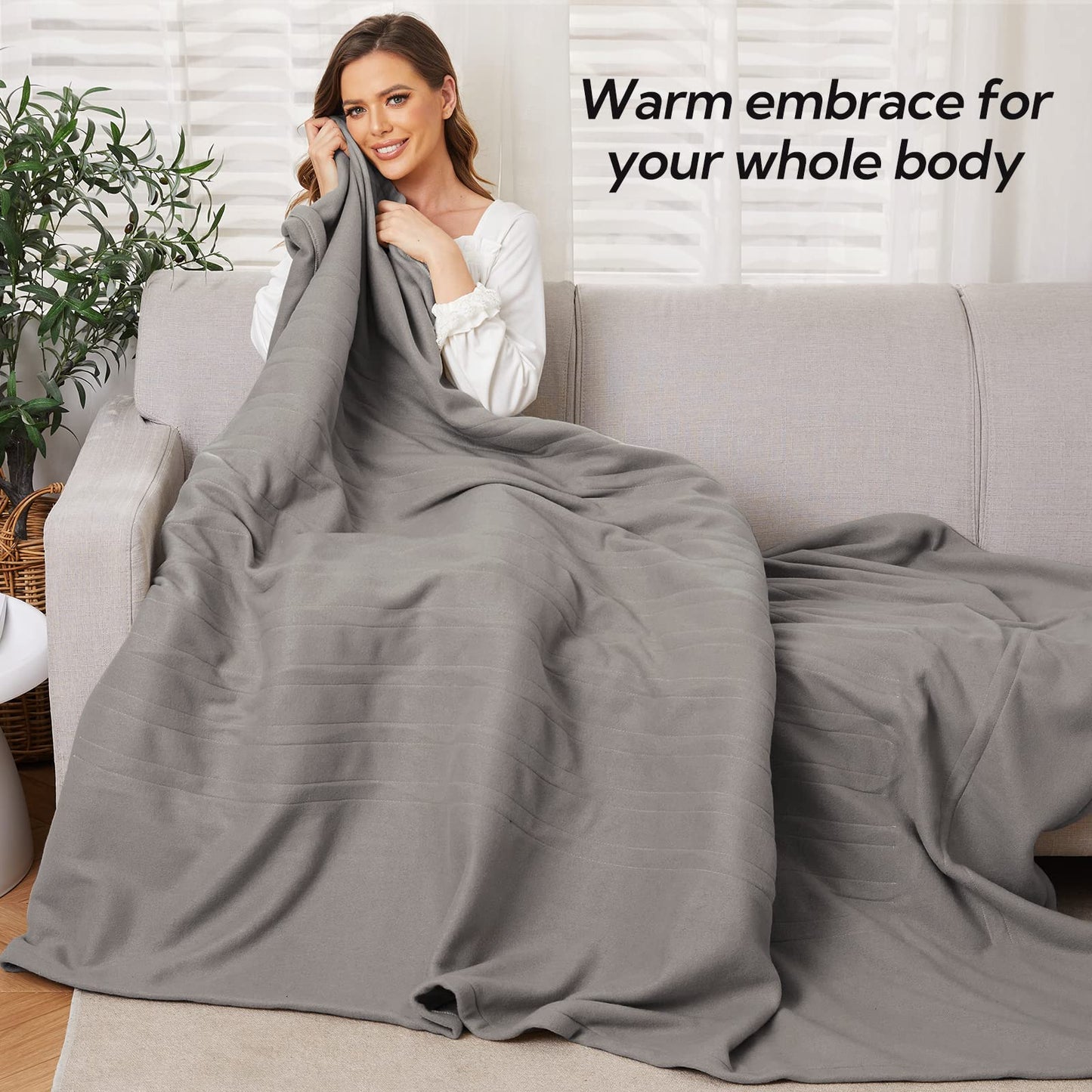 SUNNY HEAT Heated Electric Blanket Full Size 72" x 84" Quilted Fleece, Fast Heating Soft and Cozy Blanket with 4 Heating Levels & 10 Hours Timer Settings, Grey