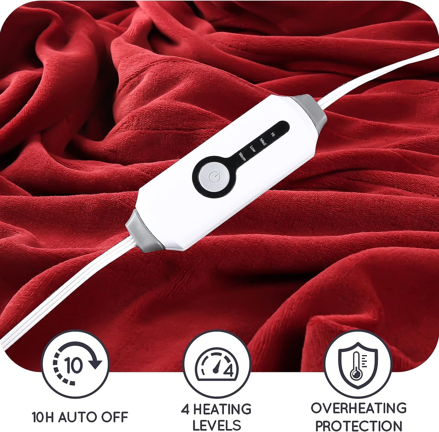 Electric Heated Blanket 72"x84" Full Size with 4 Heating Levels and 10 Hours Auto-Off Large Oversized Heating Blanket with Soft Plush Fabric for Bedding- Cherry Red