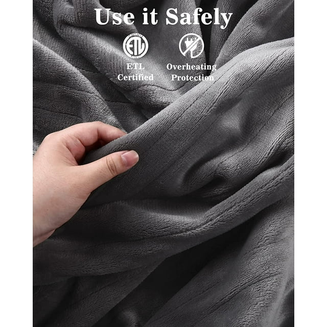 SUNNY HEAT Electric Heated Blanket Throw Flannel 50" x 60" Throw Size-4 Heating Settings & 3 Hours Auto off, Soft Machine Washable-Light Grey
