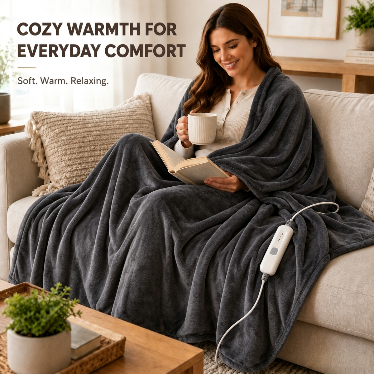 SUNNY HEAT Electric Heated Blanket Full Size 72" x 84" Soft Flannel with 4 Levels Heating & 10Hs Auto off, Machine Washable, Dark Gray