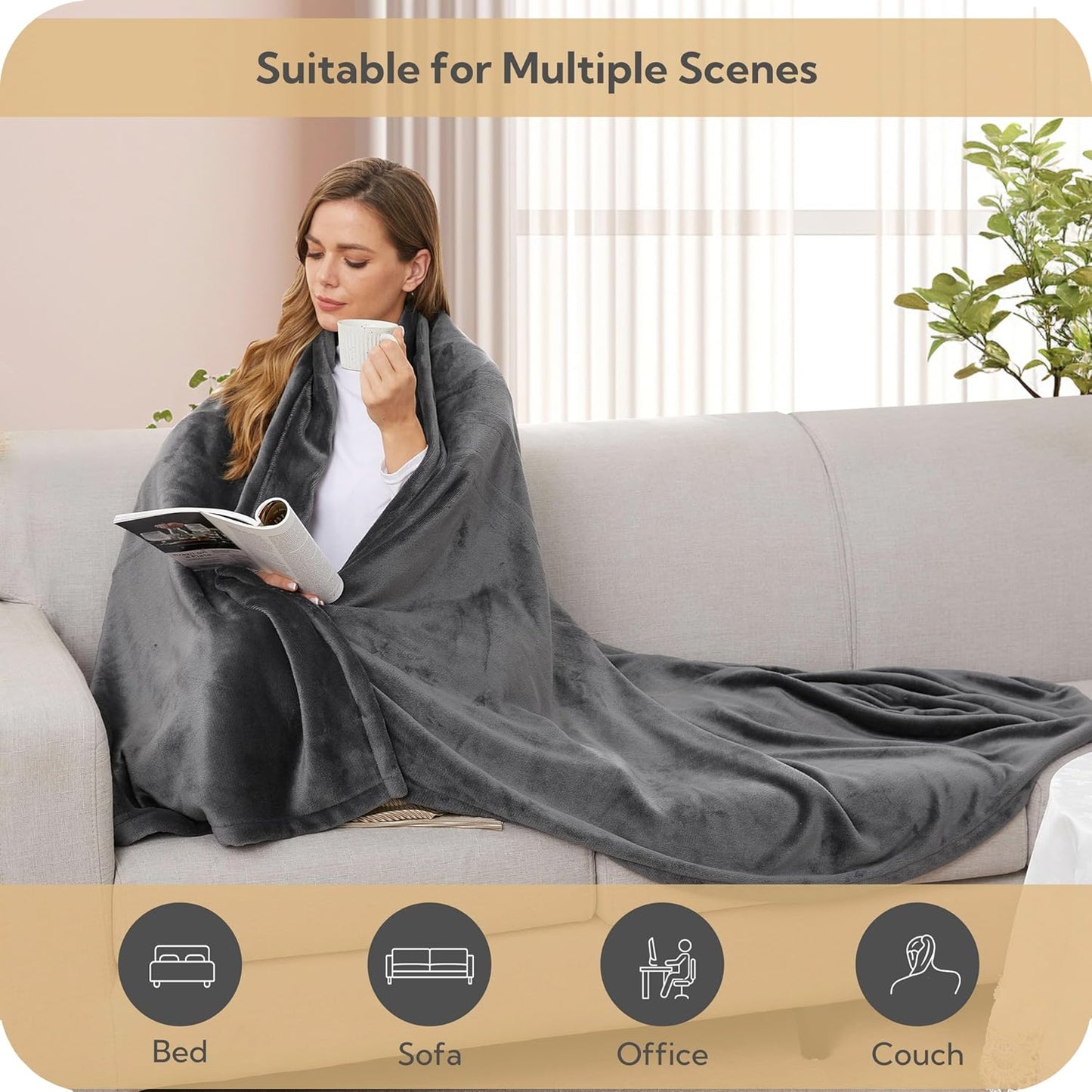 SUNNY HEAT Electric Heated Blanket Flannel 72" x 84" Full Size-4 Heating Settings &amp; 10 Hours Auto Off, Warm Machine Washable- Light Gray