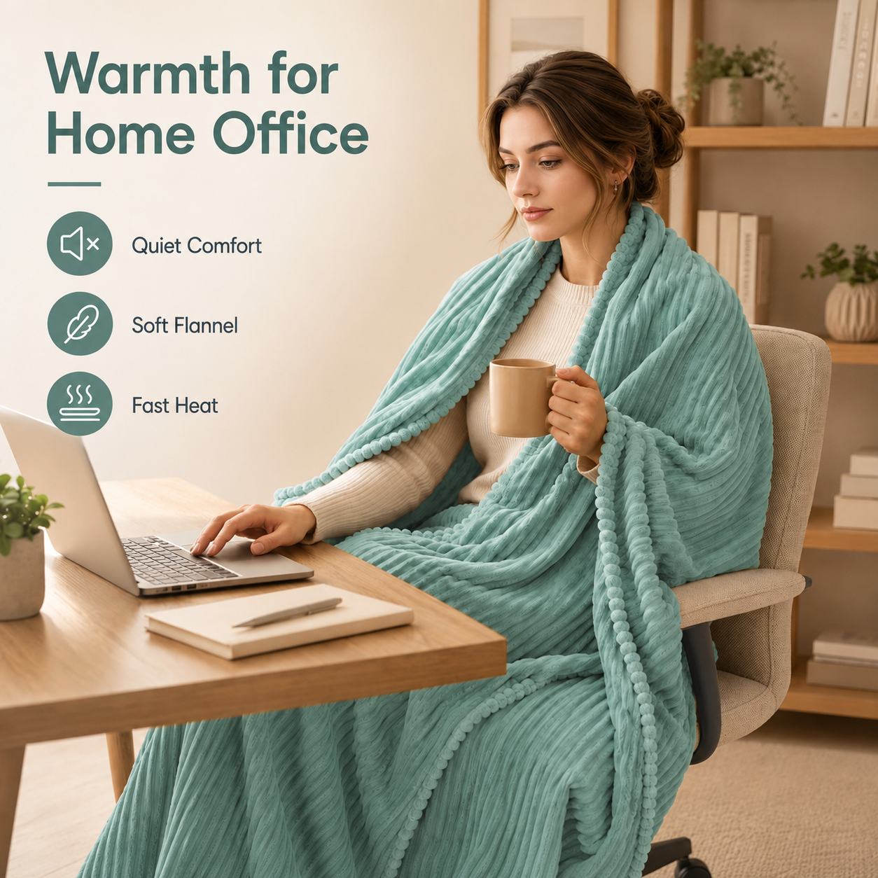 SUNNY HEAT Heated Electric Blanket Ribbed Flannel 50"x60" Throw Size - 9 Heating Levels & 1-10 Hours Auto Off, Thick and Warm Washable - Pea Green
