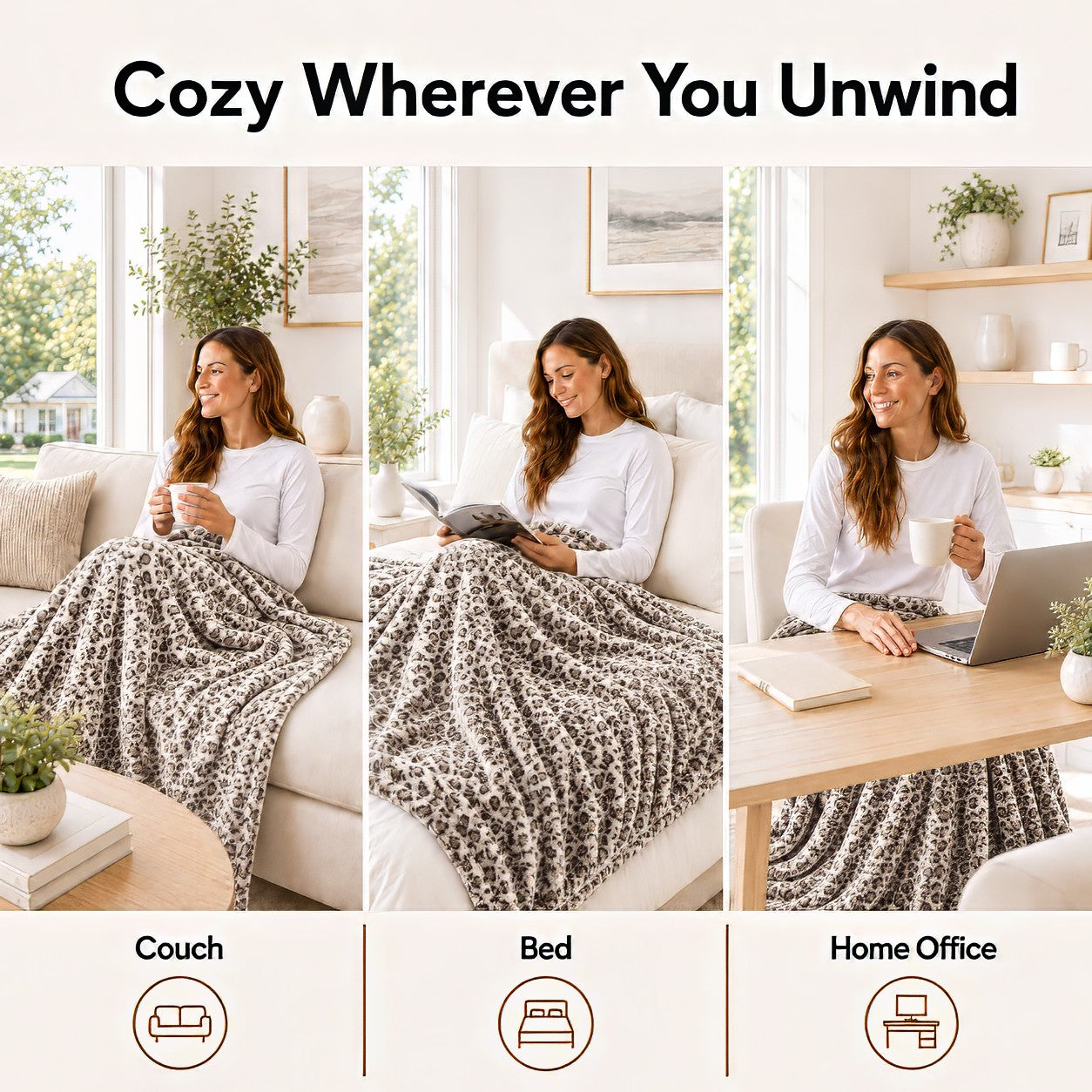 SUNNY HEAT Electric Blanket Heated Throw 50" x 60" -Fast Heating 9 Levels & 10H Auto off, Warm Soft Fannel Machine Washable, for Bed/Couch/Office, Beige Leopard Print
