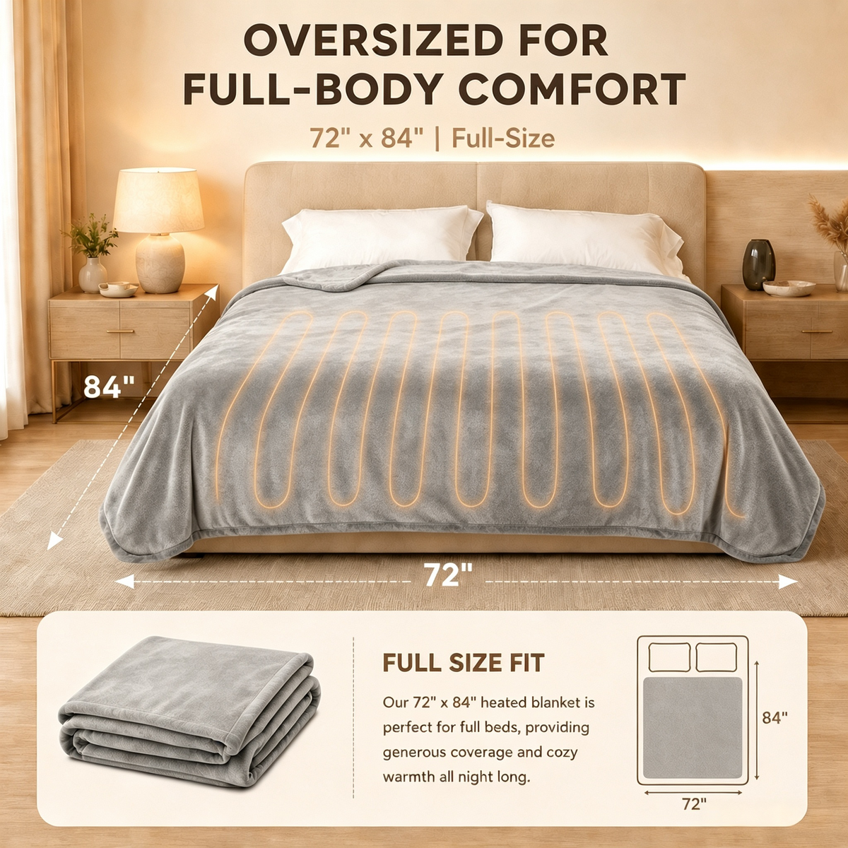 SUNNY HEAT Electric Heated Blanket Full Size 72" x 84" Soft Flannel with 4 Levels Heating & 10Hs Auto off, Machine Washable, Light Gray